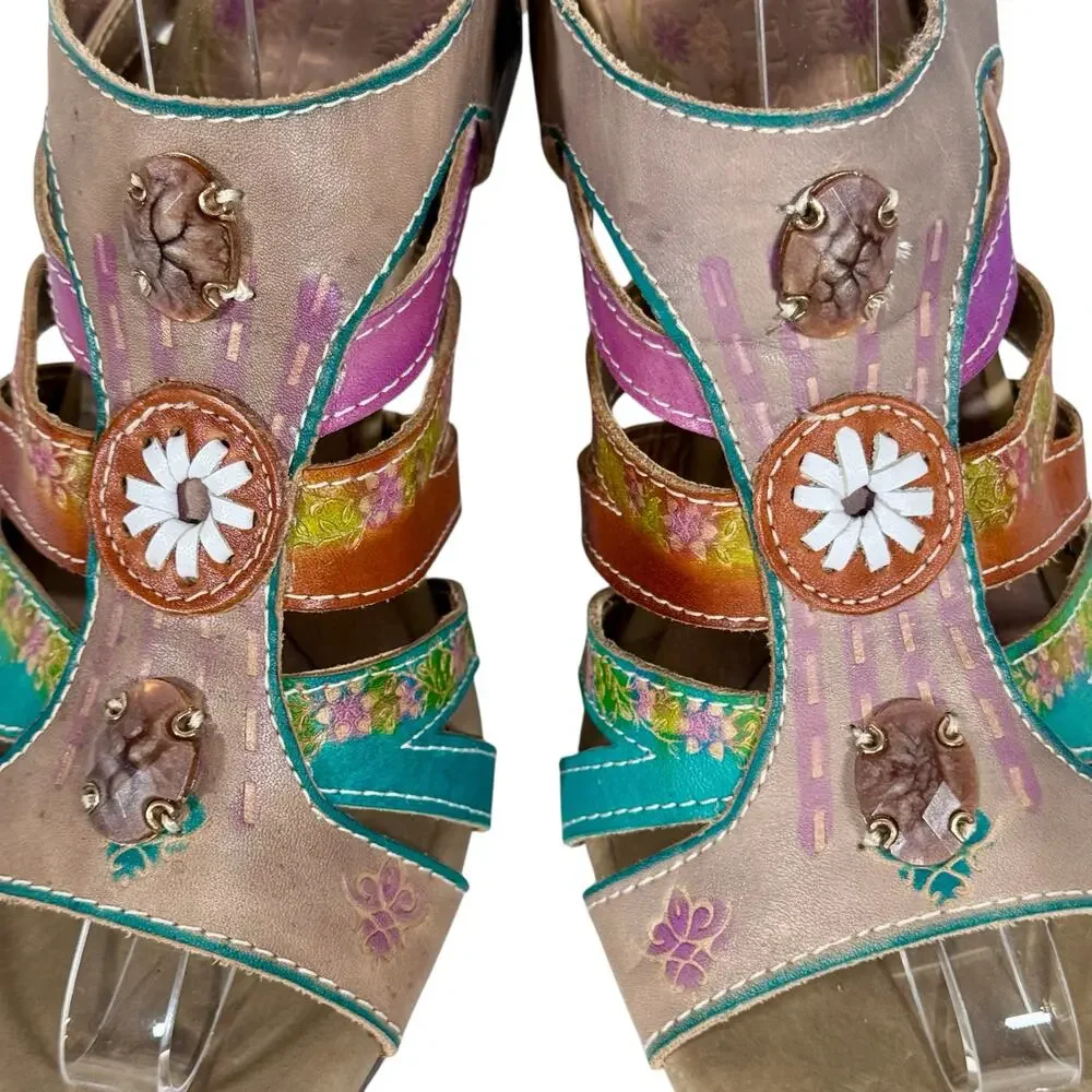 Spring Step L'Artiste Women's 39 US 8.5 Leather Boho Open Toe Heeled Sandals - Picture 5 of 13